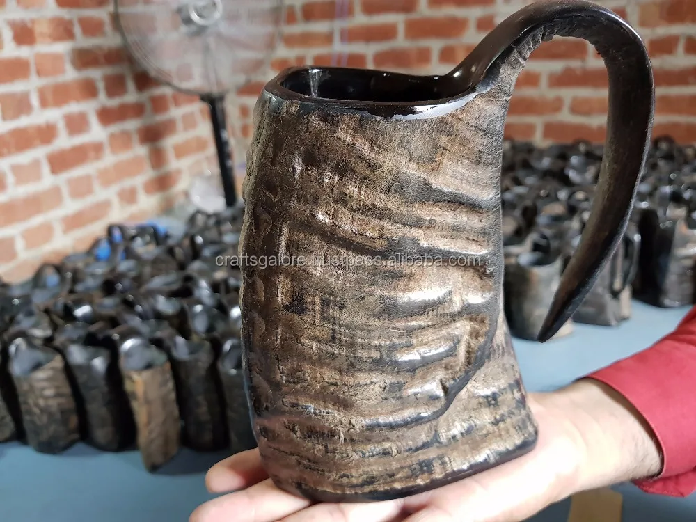 Indian Natural Buffalo Horn Mug Polished Cow Horn Tankards Viking Drinking Horns for Coffee and Tea