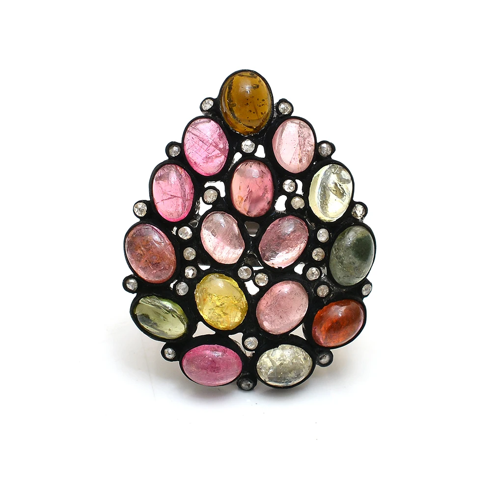 High Quality Natural Multi Gemstone Zircon Diamond Studded Solid 925 Sterling Silver Black Oxidized Fashion Ring Fine Jewelry