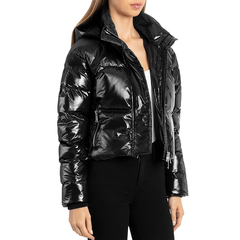 Black Casual Women Winter Long Puff Sleeve Shinny Coats Cropped Hooded Puffer Jacket