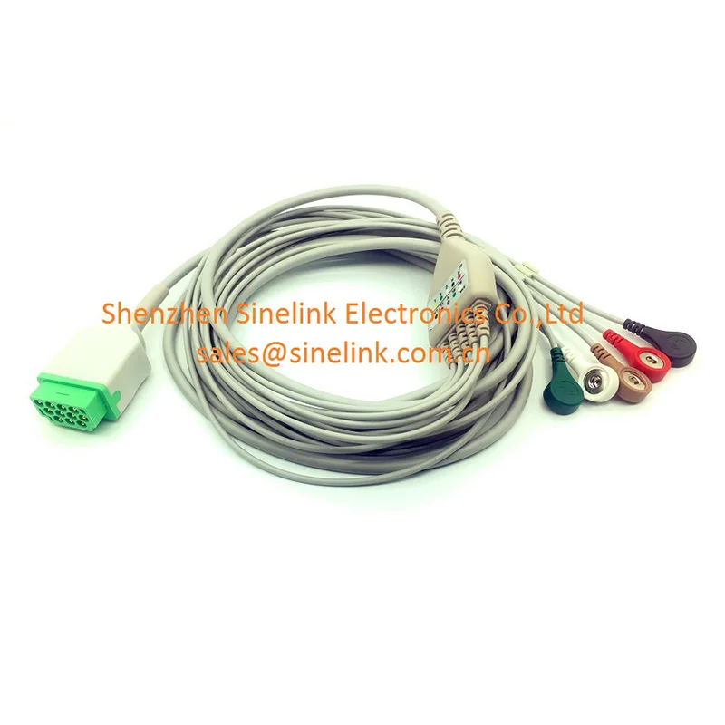 5 Snap-on lead ECG cardiac monitor cable with attachment snap connectors buttons electrode