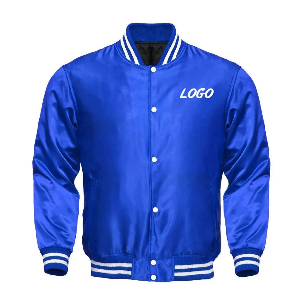 White Polyester Satin Varsity Jacket Winter Button-Up varsity jacket for men custom team name logo baseball jacket