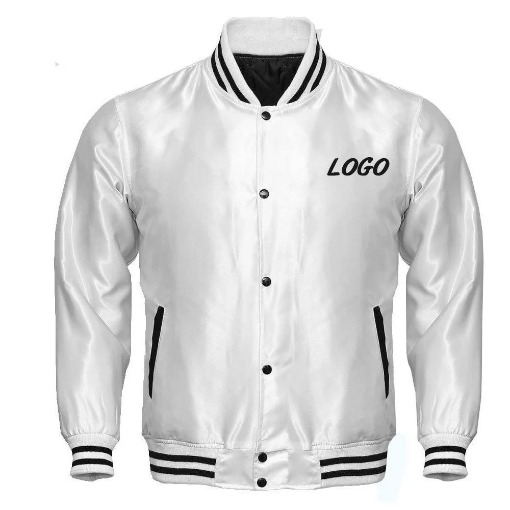 White Polyester Satin Varsity Jacket Winter Button-Up varsity jacket for men custom team name logo baseball jacket
