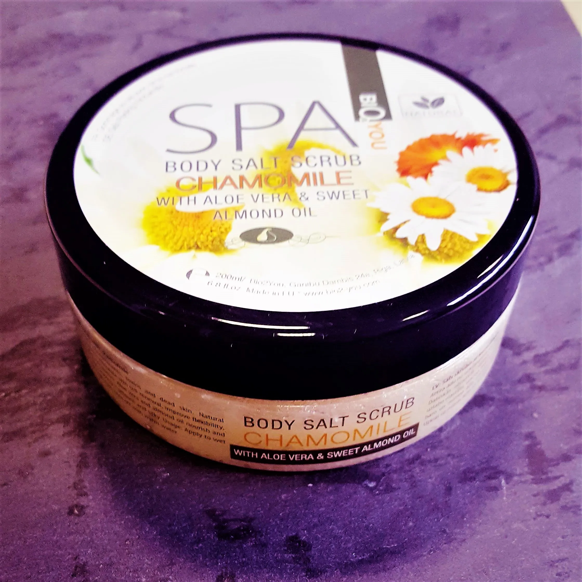 NATURAL MASSAGE SALT BODY EXFOLIATING  SCRUB CHAMOMILE  with Aloe Vera and sweet almond oil