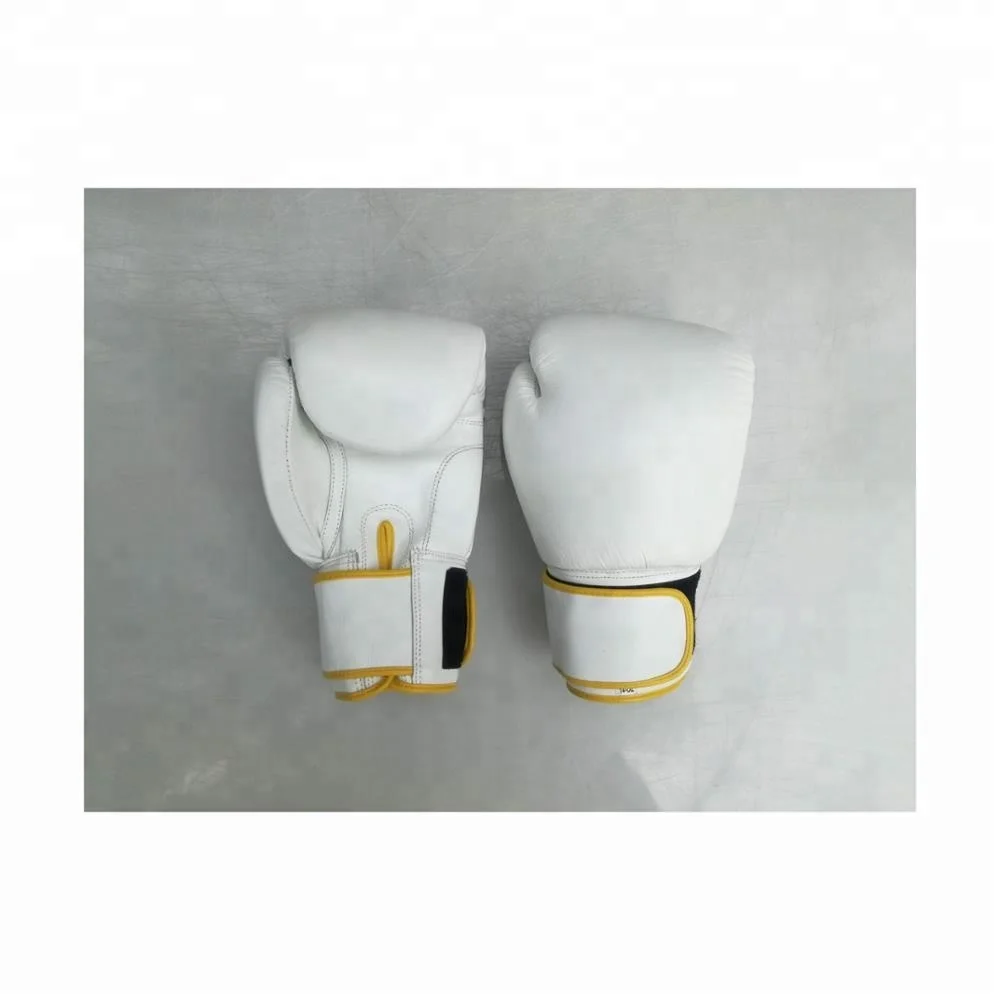 Genuine White Leather Boxing Gloves Hand-Made Mold with Hook and Loop Wrist Strap Closure Layers