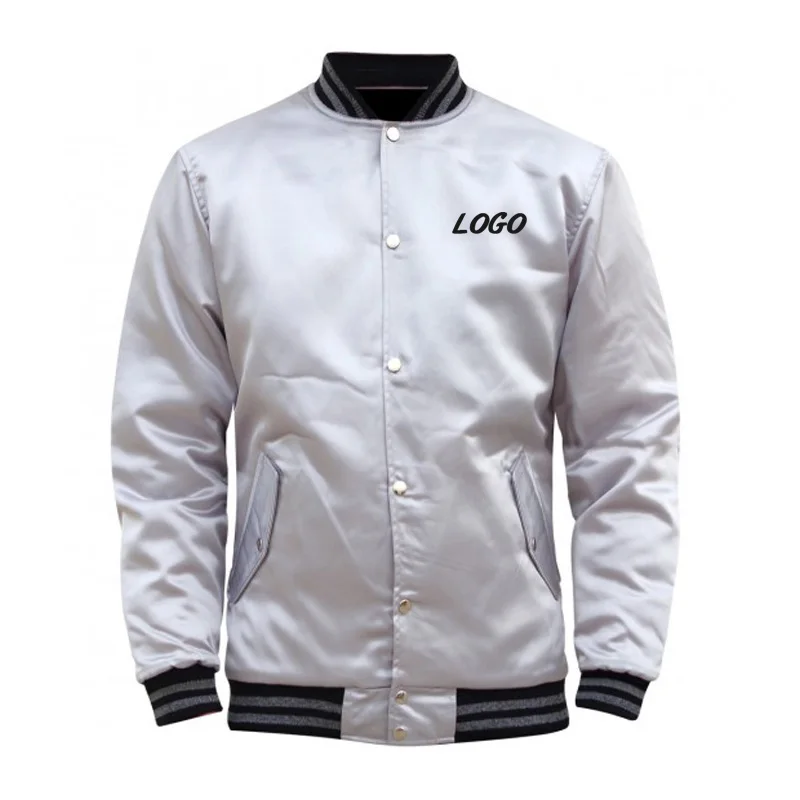 White Polyester Satin Varsity Jacket Winter Button-Up varsity jacket for men custom team name logo baseball jacket