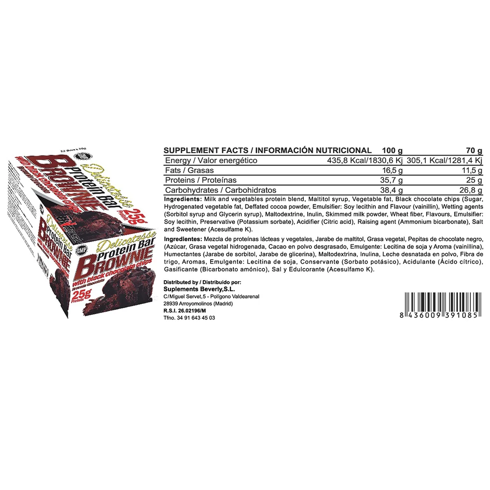 Protein Brownie Bar 70 gr. - 25 gr protein per bar. Display with 12 bars. Beverly Nutrition