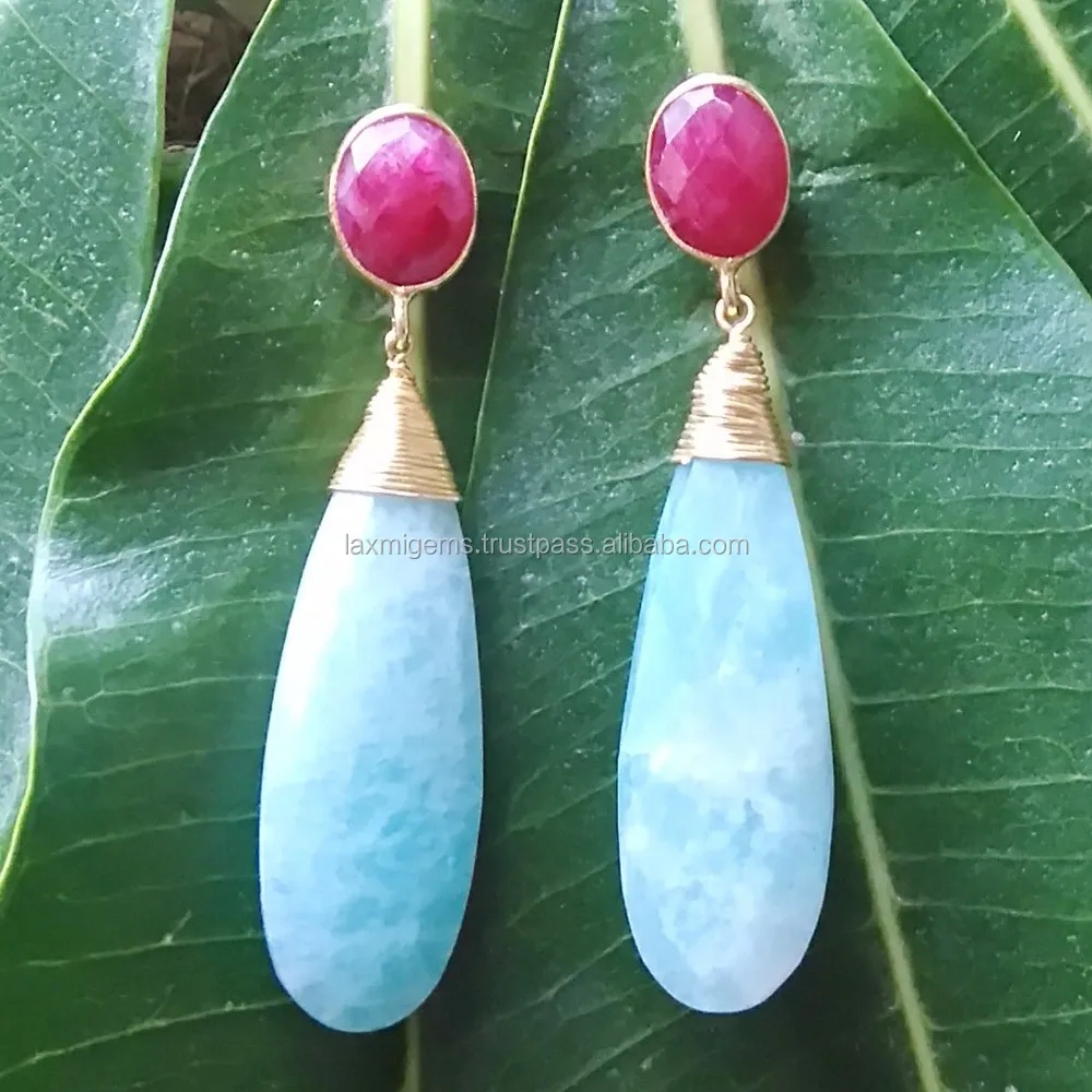 Ruby and Pear Shape in Amazonite gemstone 925 silver earrings for women