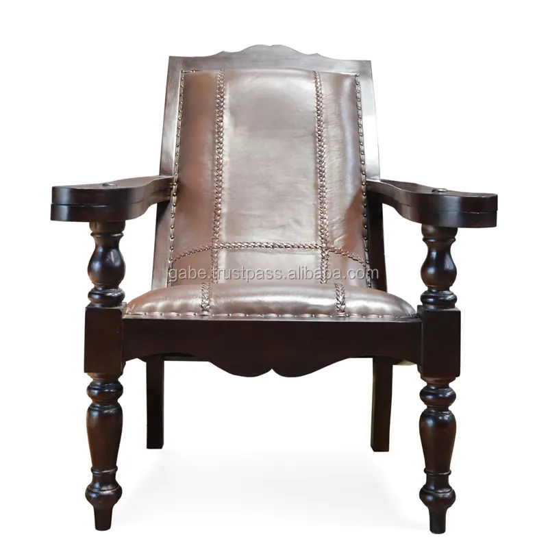 Handcrafted Teak Wood Replica Lounge Chair: Dutch Colonial Early 20th Century Design with Brown Leather Upholstery