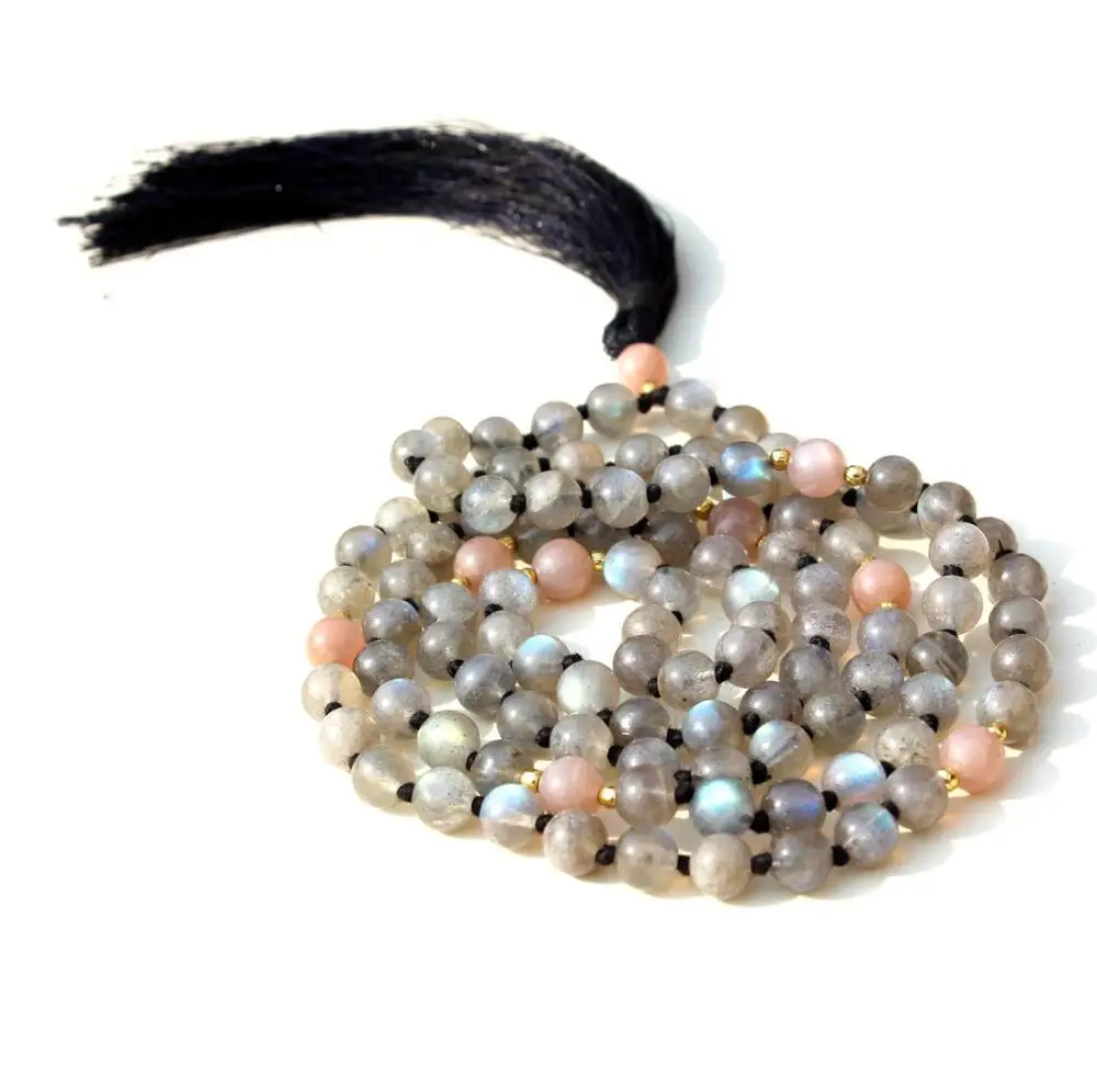 Madagascar Labradorite Gemstone 108 Mala Beads Necklace Healing Crystal Yoga Jewelry