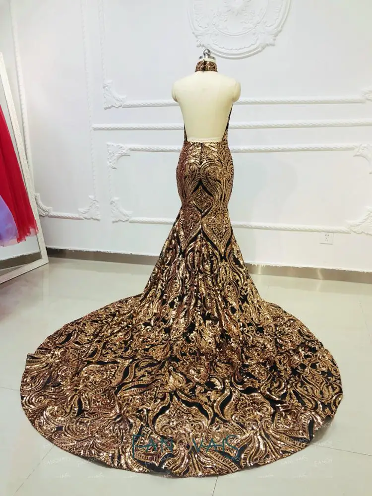 Ruolai OEV-L4162 Luxury Black and gold Sequin Halter Bling Bling Special Occasions Prom Dresses