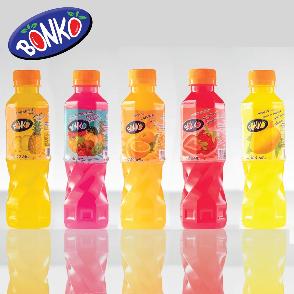 Fresh and Fun Fruit Drink Juice Mango 300ml Plastic PET bottles BONKO brand. Bottle water beverage , Made in Thailand , product