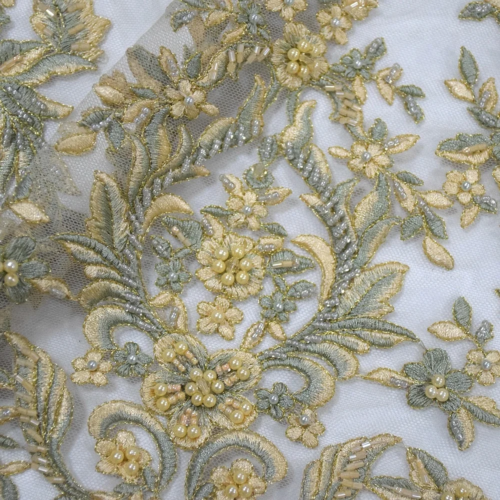 High quality bridal lace fabric beaded embroidery water soluble net nigerian lace fabric market in dubai HY0772-7