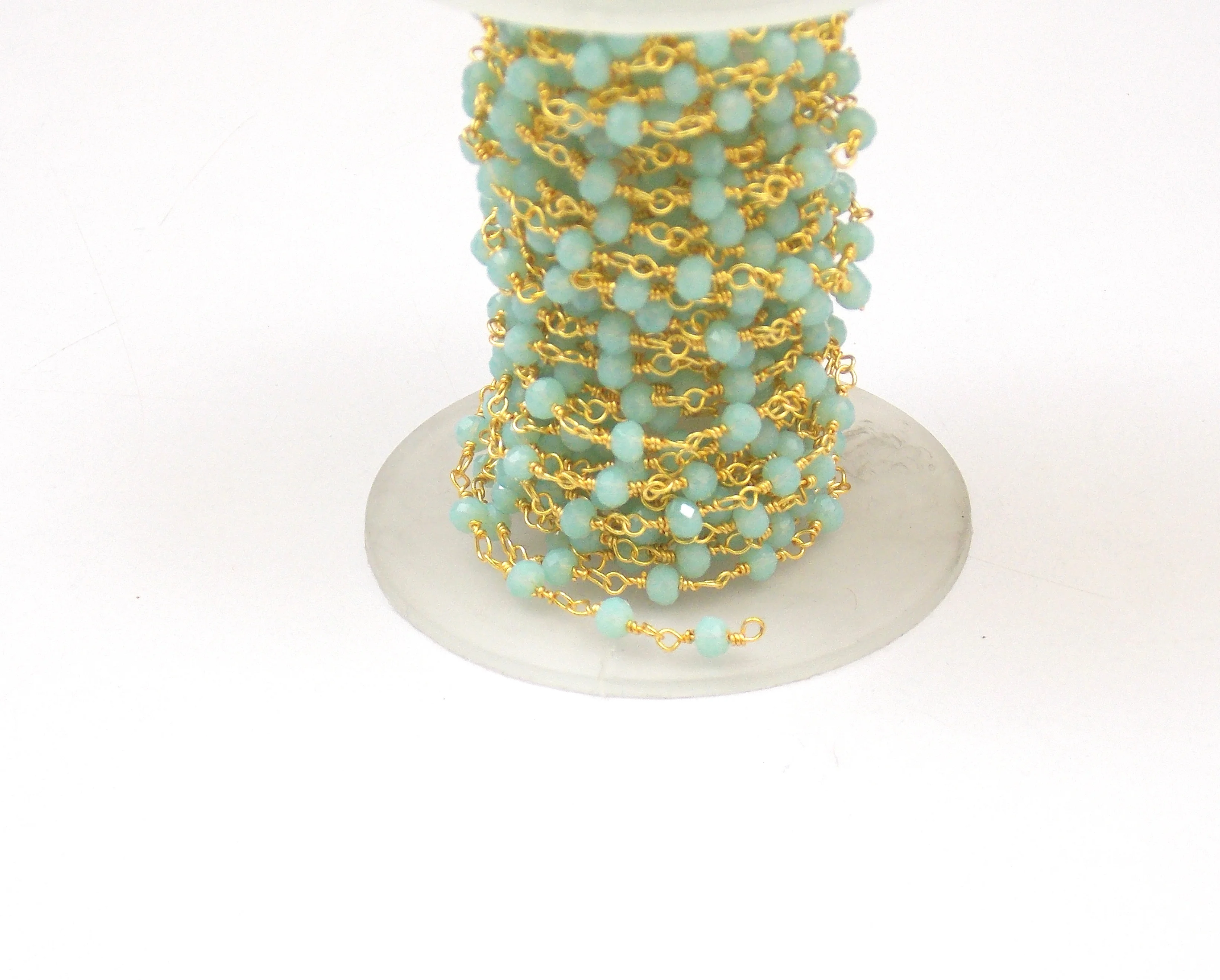 Aqua Chalcedony Gold Plated Natural Multi Gemstone Jewelry  Wire Wrapped Faceted Beaded Rosary Coin Charm Chain