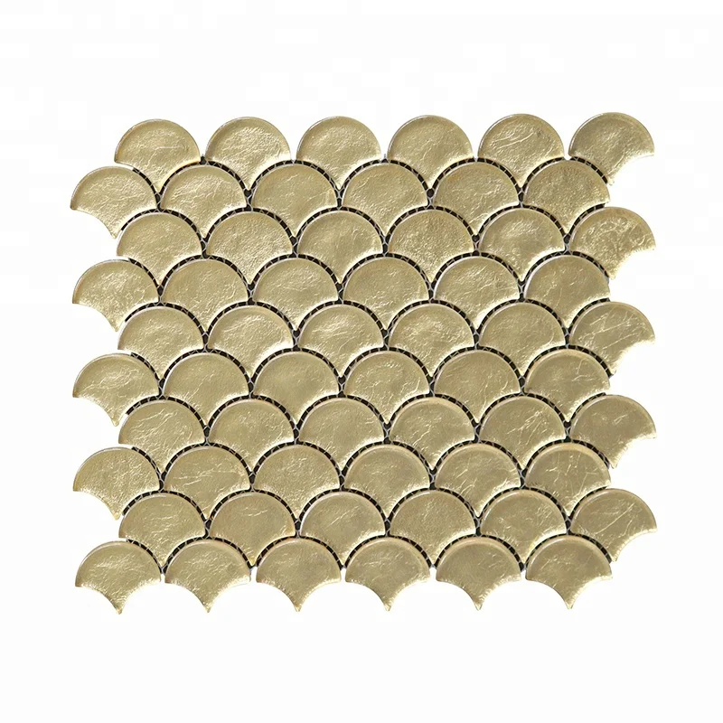 Wall tiles design Decorative Glossy Fan Shape luxury fish scale mosaic tile Gold Leaf Glass Mosaic Tile