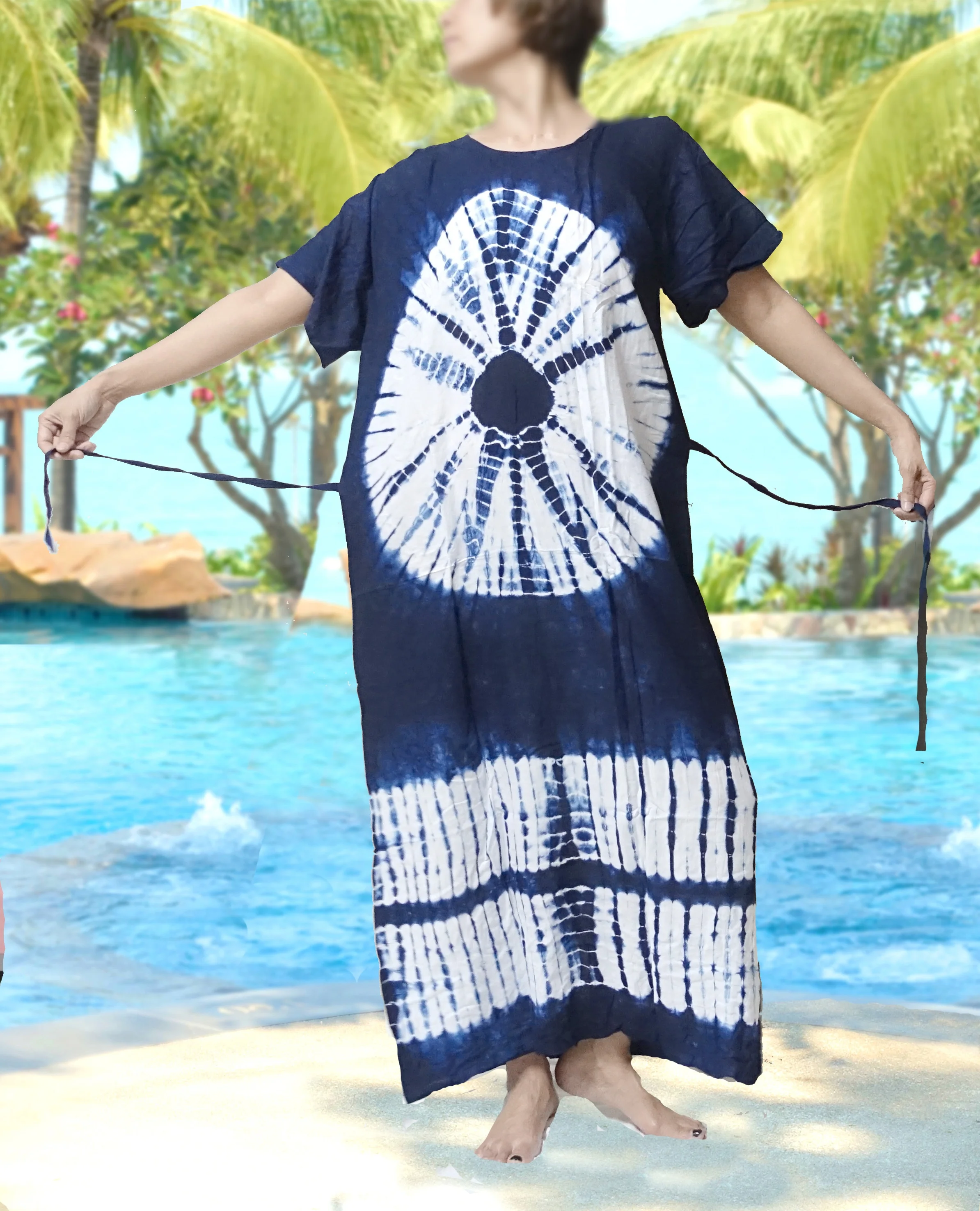 Indigo blue tie dye handmade retro thai style HIPPIE BOHO  kimono kaftan maxi dress