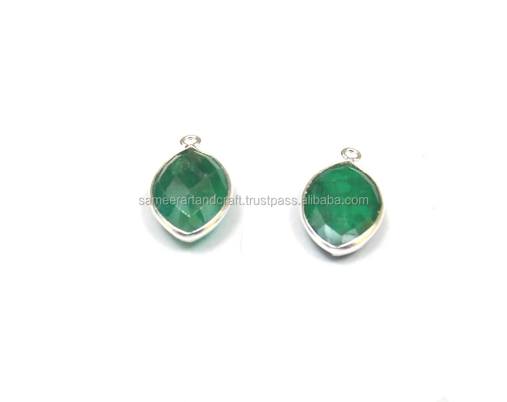 Handmade Faceted Bezel Connector Dyed Emerald Gemstone Silver Plated Single Bail Marquise Shape Jewelry Making Findings Beads MM