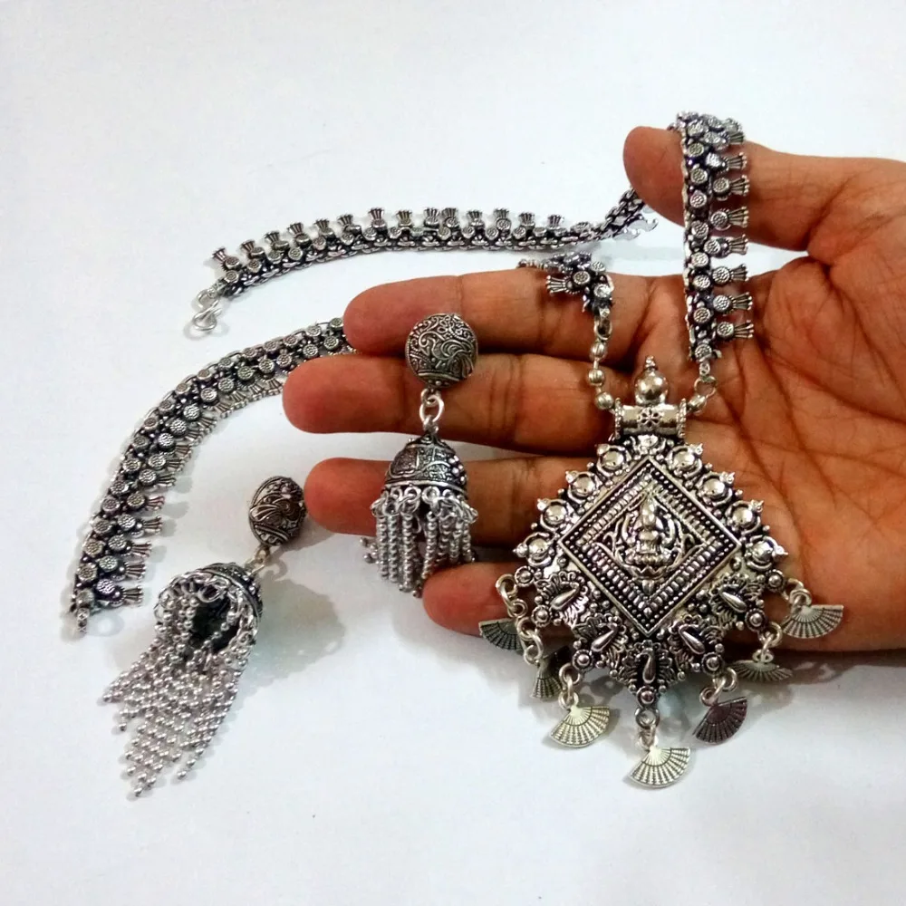 Silver Color Oxidised Necklace With Earrings