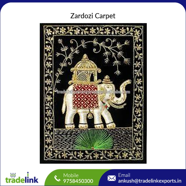 Indian Embroidered Zardosi Wall Decorative Jewel Carpet with Precious Stones and Golden Wires