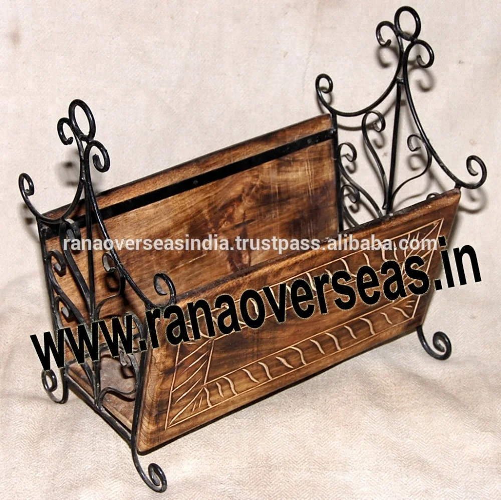 Iron And Wood Material Combination Magazine Newspaper Organizer For Home And Office Table Top