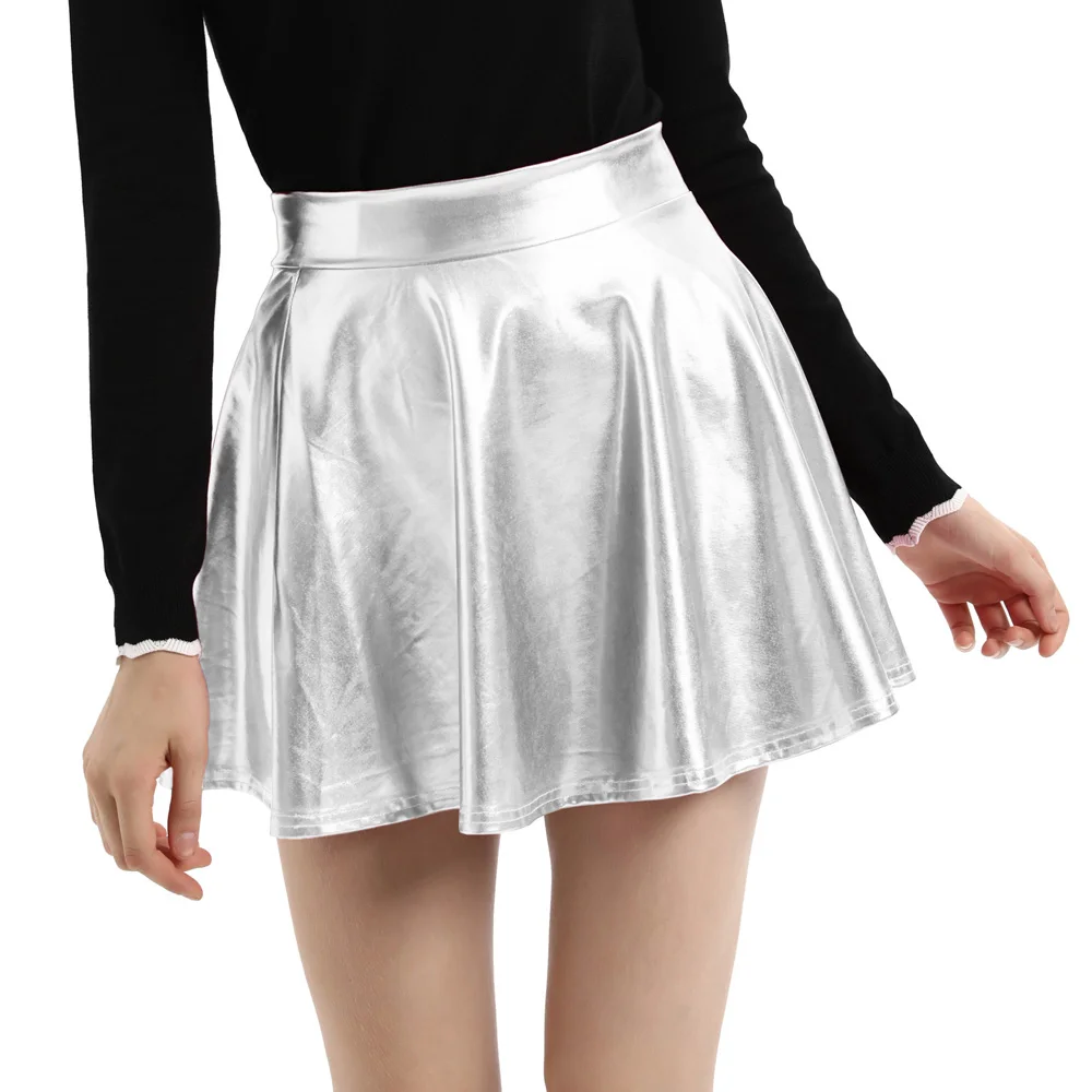 KK001128 Women Retro Style Imitated Leather Shiny Metallic Skater Skirt
