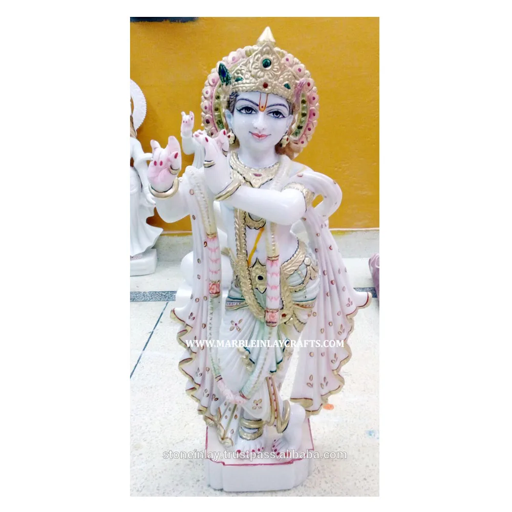 Customize Handmade Work Natural White Marble Standing Art Work Lord Krishna Sculpture For Home Temple