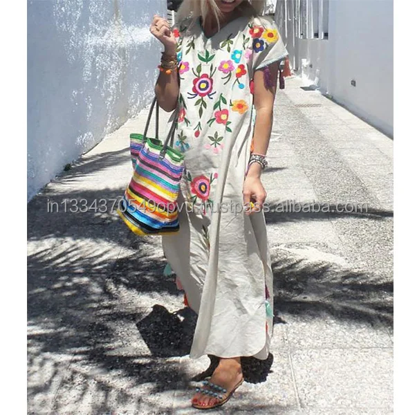 Hit Designer Multicolor Flora Embroidered Tasseled Hem Women Long Maxi Dress Custom Handmade Exclusive Work Boho Chic Vestido
