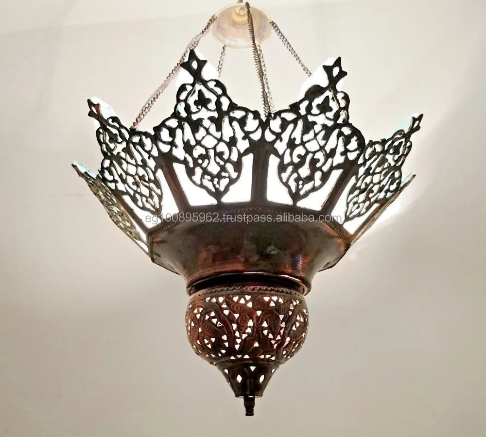 BR217 Moroccan Art Brass Artichoke Chandelier With White Stained Glass