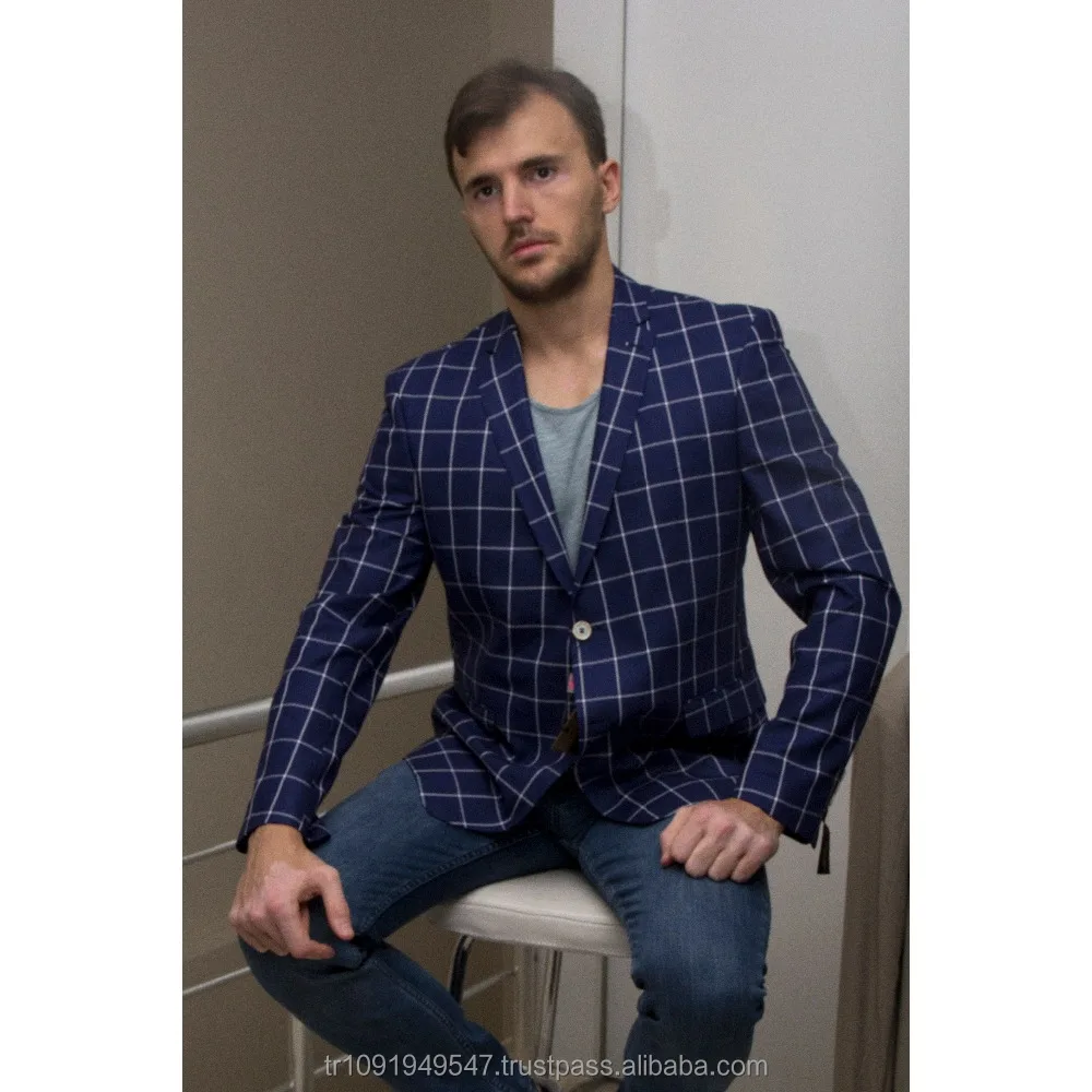 Plaid Casual Men Blazer Jacket Dark Blue Italian Style The Newest Model Latest Style Turkey