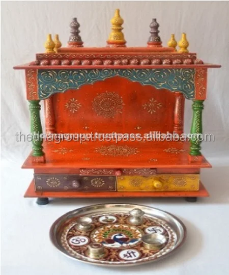 Beautiful Handpainted wooden temple pooja mandir With 2 Drawer High quality hand carved wooden temple for office