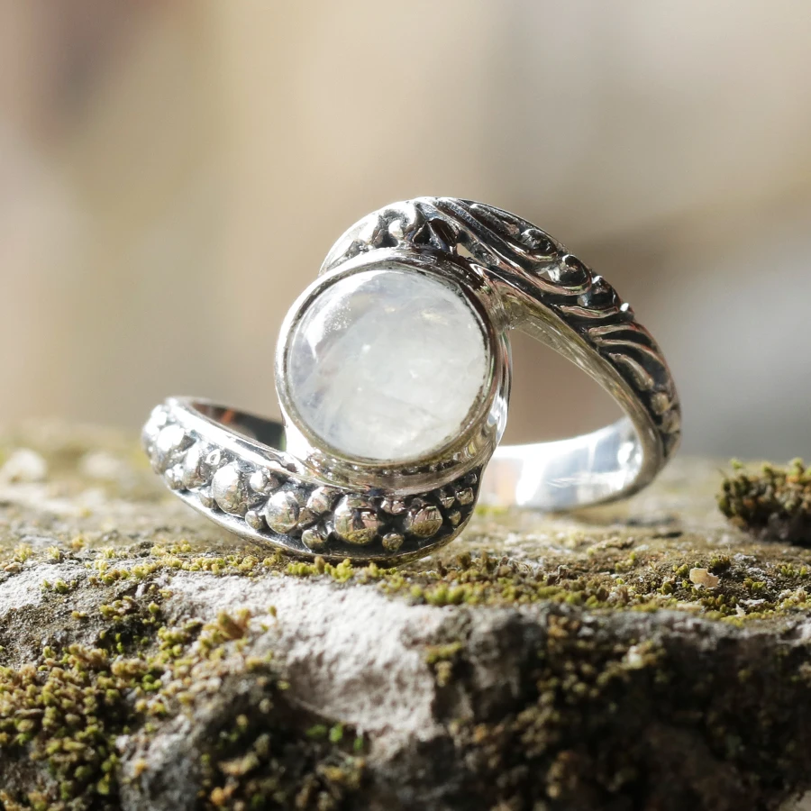 Bali Sterling Silver Ring with Rainbow Moonstone