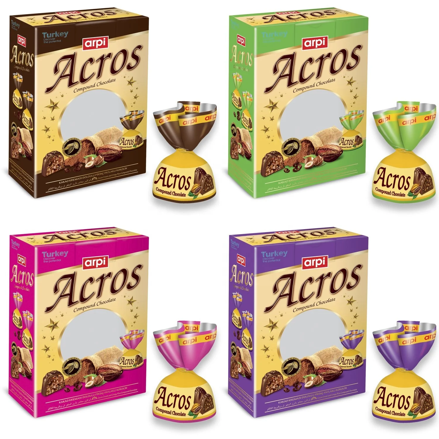 
Acros: Compound Chocolate Filled With Cocoa Cream and Crispy Rice 2 KG Box 4 Colors 