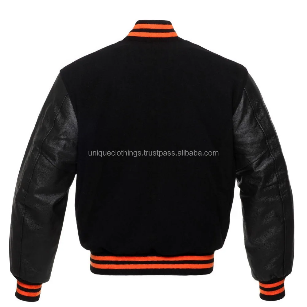 
Melton wool body with genuine leather sleeve varsity jacket, All Black Varsity Jacket 