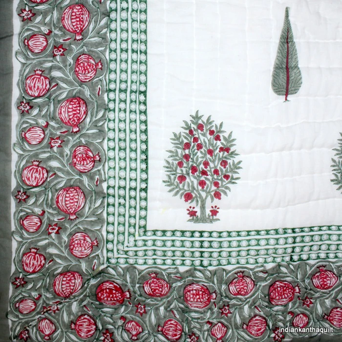 Hand Block Printed Blanket Indian Jaipuri Quilt Cotton Bedspread Handstitched Handmade Reversible Bedcover
