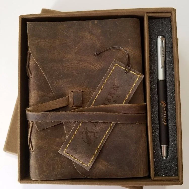 leather vintage journal or note book or sketch book with gift box, book mark and pen corporate gift gift set for promotions