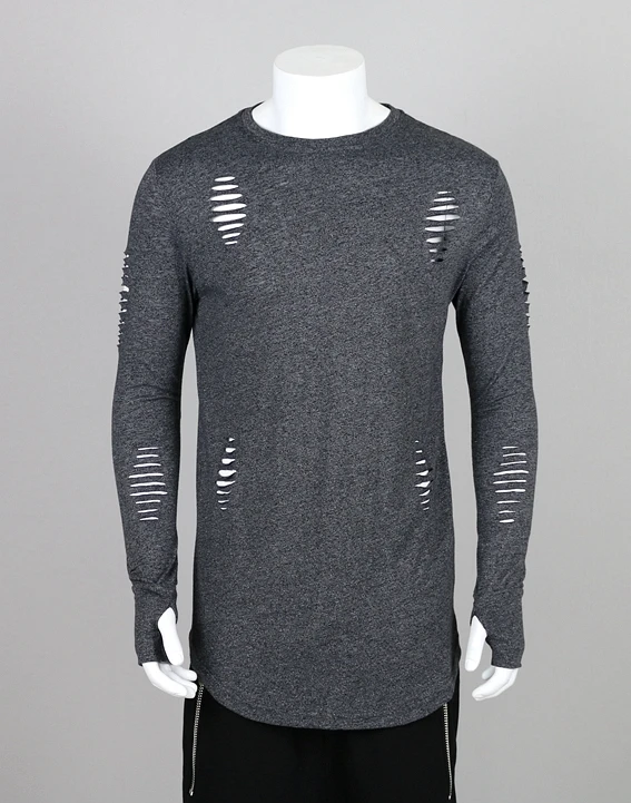 
2021 Mens Ripped Destroyed / Frayed Extended Essentials Long Thumb Hole Sleeve Elongated Lengthen Long Tee 