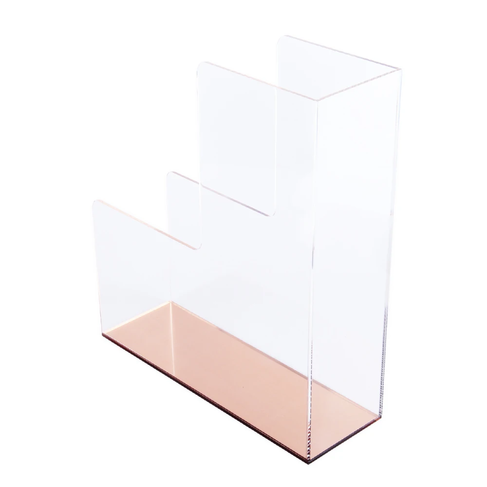 Custom Golden Base Office Acrylic Plexiglass Deskrop Magazine Holder Brochure File Organizer Holder