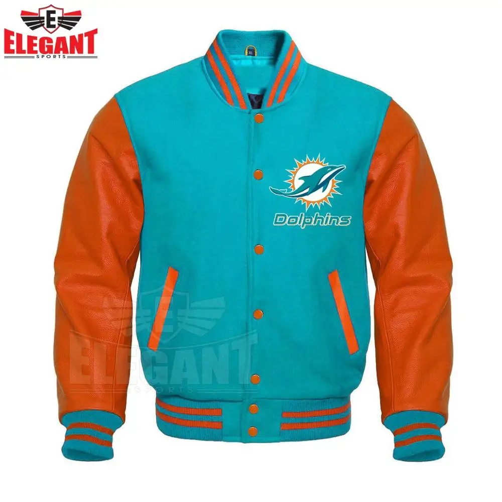 OEM Custom Printed DOLPHINS  front Varsity Jackets with striped knit cuffs Wholesale price for team sports clubs