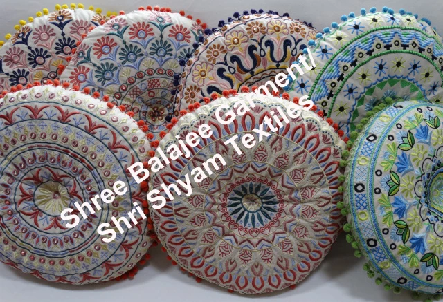 Round  Embroidered Floor Pillow Meditation Cushion Round Pouf Ottoman from Jaipur India