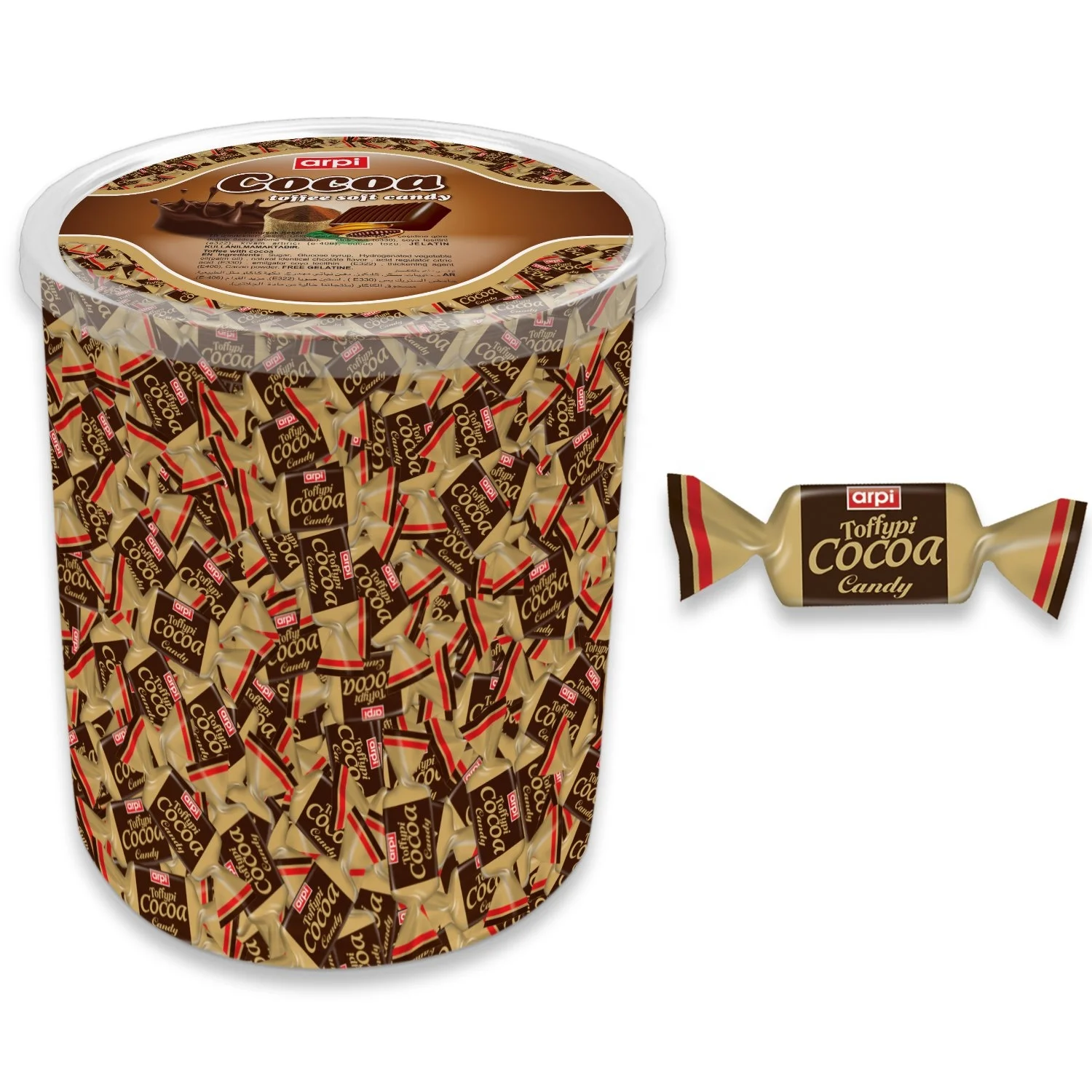 
Toffypi Cocoa: Cacao Soft (Chew) Candy 1 KG Transparent Plastic PVC Jar 