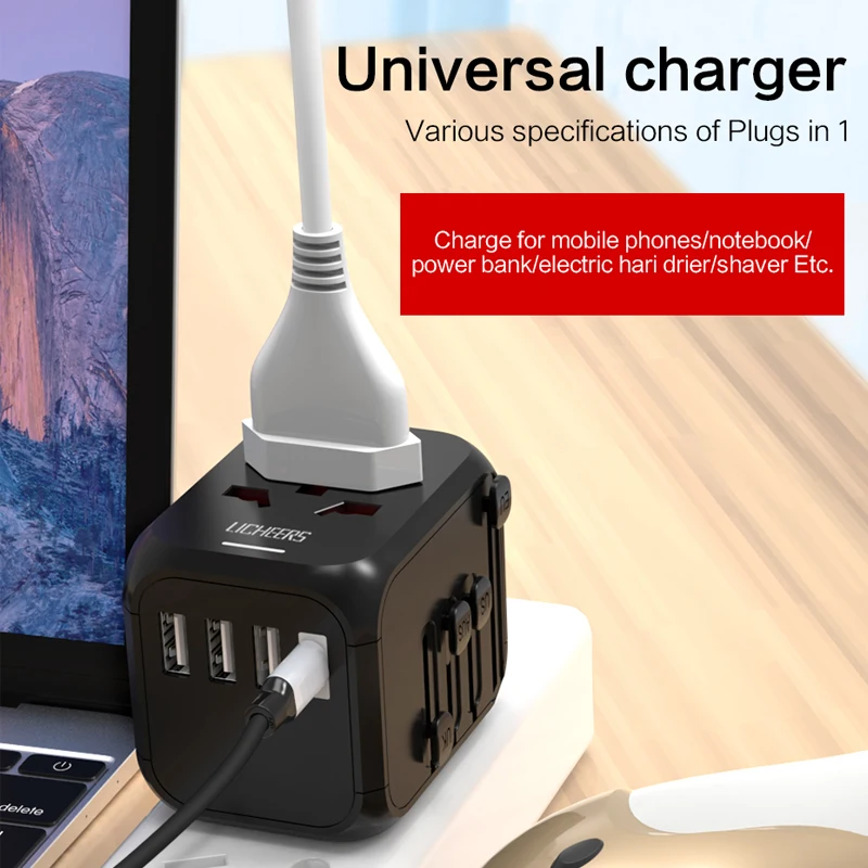 
Licheers All in One Usb Universal Travel Adapter Us Eu Plug Adapter Universal Travel Wall Plug Adapter Electrical Plug Black 