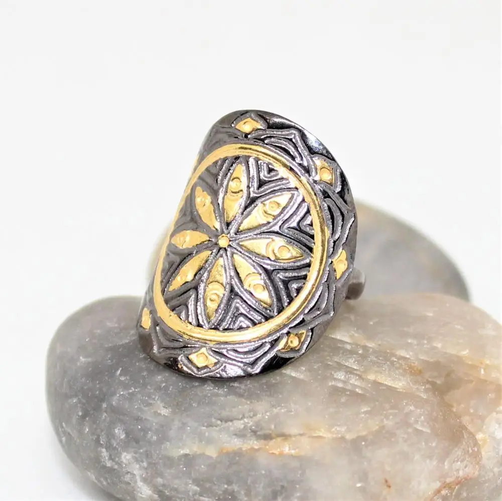 New Collection 925 Sterling Silver 18K Gold Plated Black Rhodium Ring Spiritual Mandala Design Featuring Diamond Wholesale
