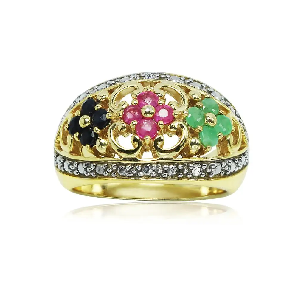 Yellow Gold Flashed Sterling Silver Stunning Natural Emerald Sapphire Ruby Flower Floral Ring