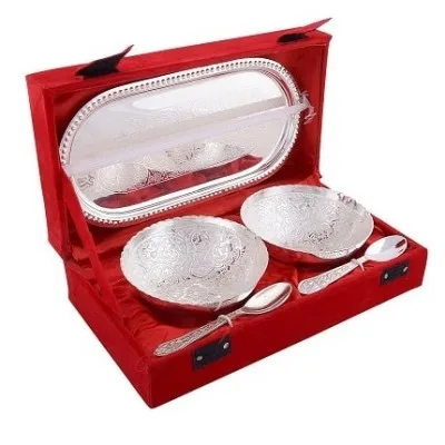 German Silver Bowl with Spoon & Tray 9 pics Set with  Velvet Box These items have antique elegant design that gives addition