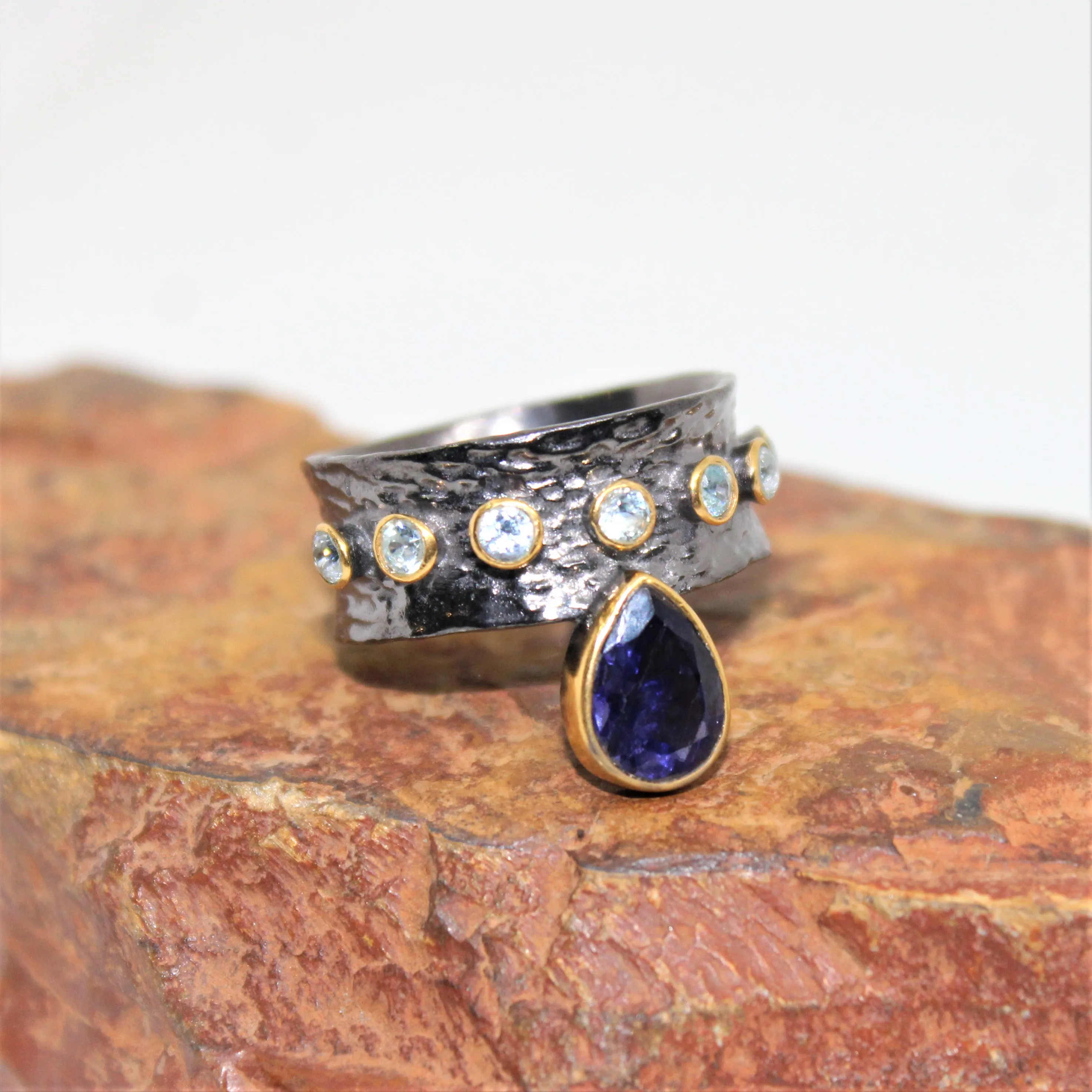 Designer Multi Stone Iolite and Blue Topaz Gold Plated 925 Sterling Silver Black Rhodium Ring