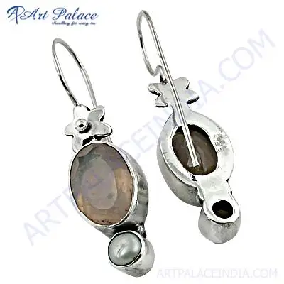 Impressive Pearl And Rose Quartz Stunning 925 Solid Sterling Silver Gemstone Earring Jewellery Gift For Women And Girls