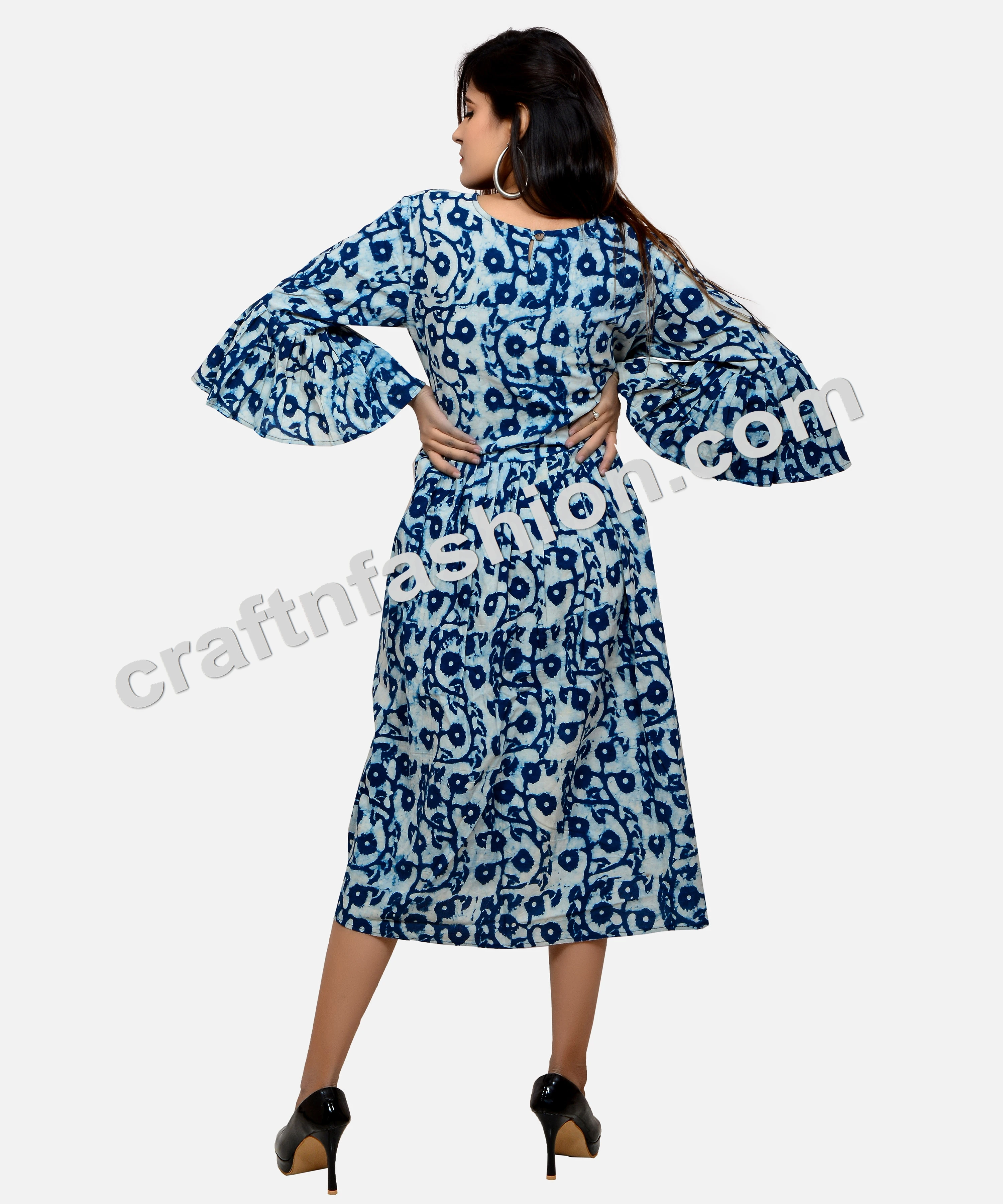 Bohemian Style Umbrella Sleeve Indigo Dress - Indian Cotton Hand Block Print Kurti  - Summer Fashion Wear Cotton Indigo Dress