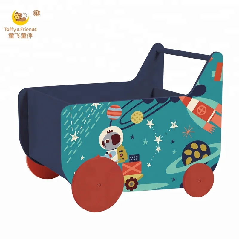 
Toffy & Friends kids wooden toy storage box in cart shape with wheels 