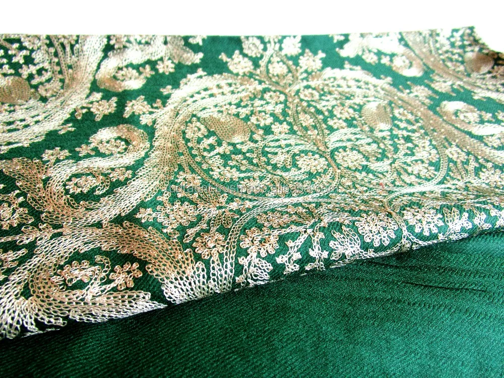 Kashmir Soft Lambswool Shawl Stole Scarf Indian Beautiful Handwoven Hand Embroidered Outdoor, Party 28'X 82' IN;15393 Green