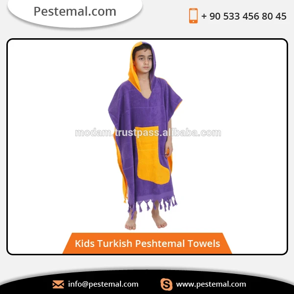 Cute Design High-Quality Turkish Luxury Bathrobe Poncho for Kids with Tassels Two-Colored Poncho with Pocket for Children %100 C