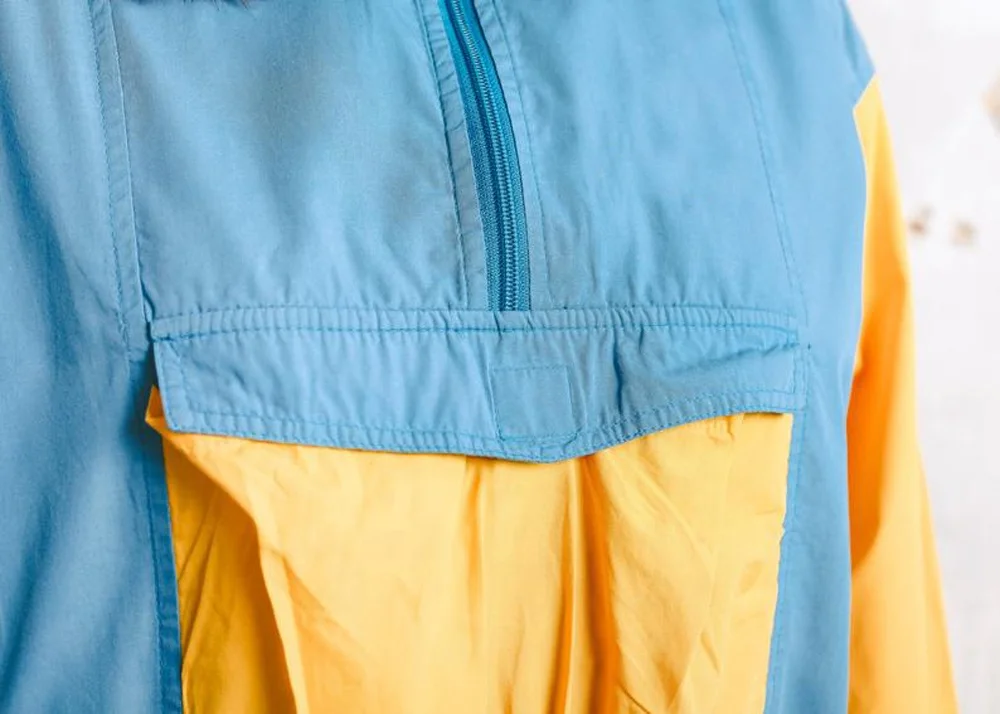 Women 90s Anorak Jacket . Yellow and Blue Panel Jacket Adventure Wear Quarter Zip Jacket Windbreaker Active Wear